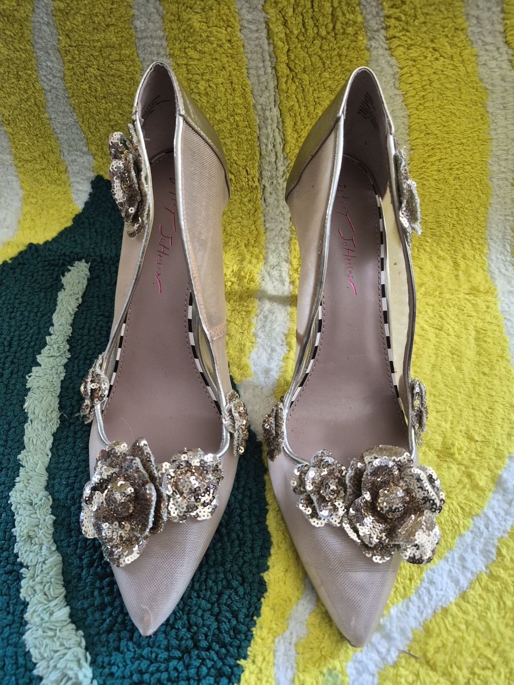 Betsey Johnson Blush Pointed-Toe D'Orsay Heels with Gold Sequin Floral Appliqués